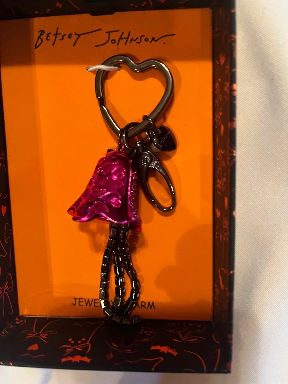 Betsey Johnson Hot Pink Bell Charm Keyring with Gunmetal Hardware
